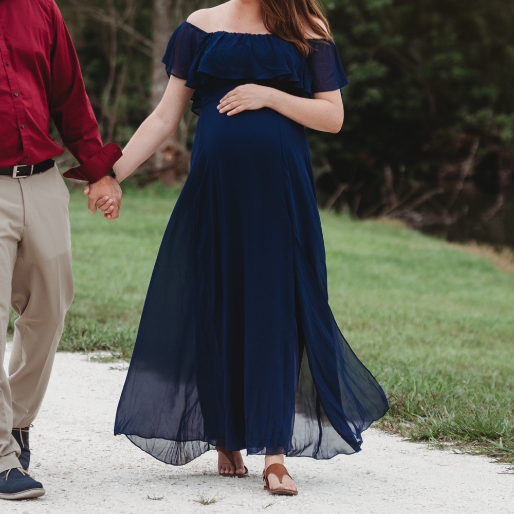 Maternity Navy Blue Off-Shoulder Dress